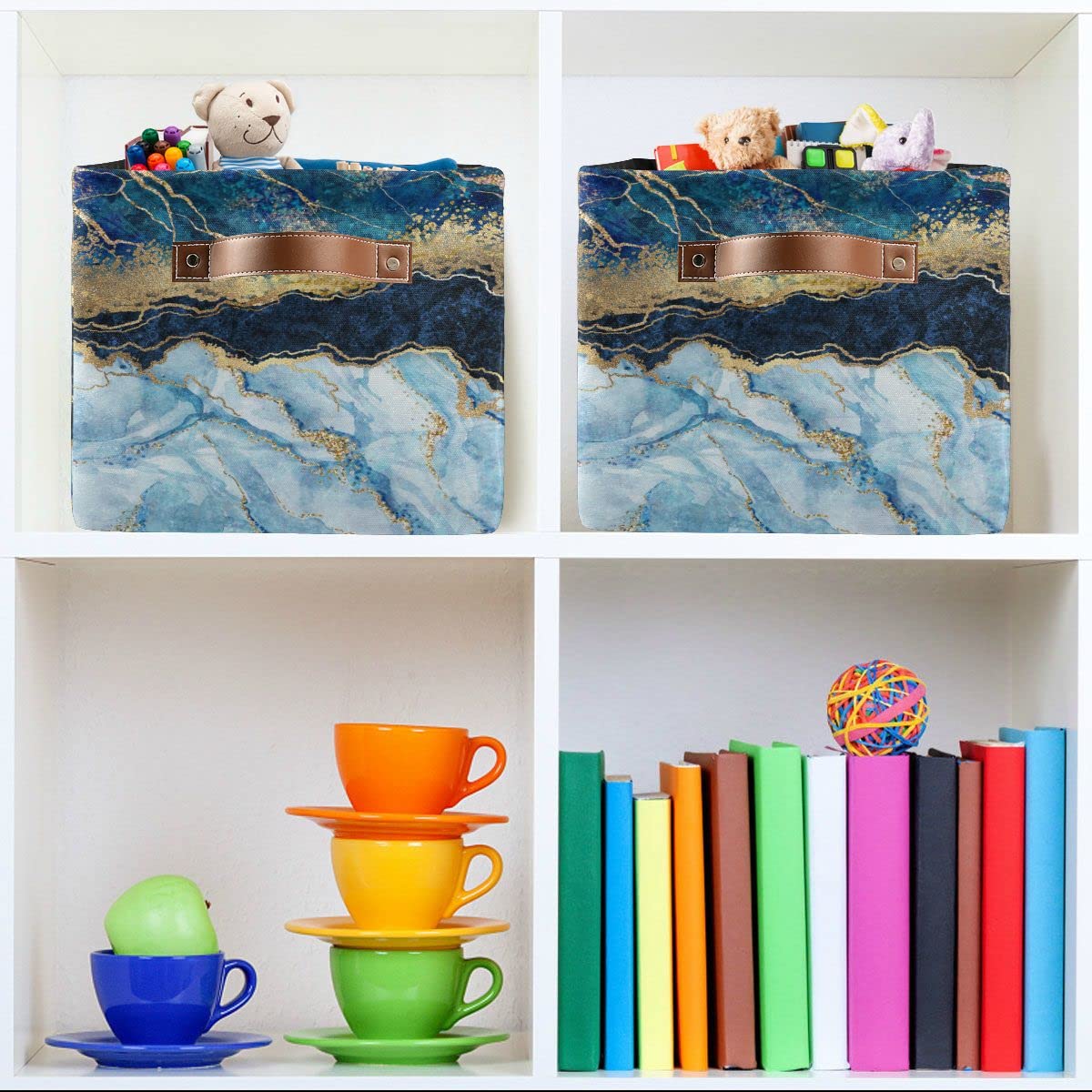 Blue Gold Marble Abstract Modern Square Storage Basket Storage Bins Canvas Storage Organizer Closet Shelf Organizer for Home Office, 1 Pc