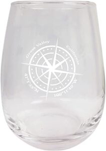 r and r imports grass valley california souvenir 15 ounce laser engraved stemless wine glass compass design 2-pack