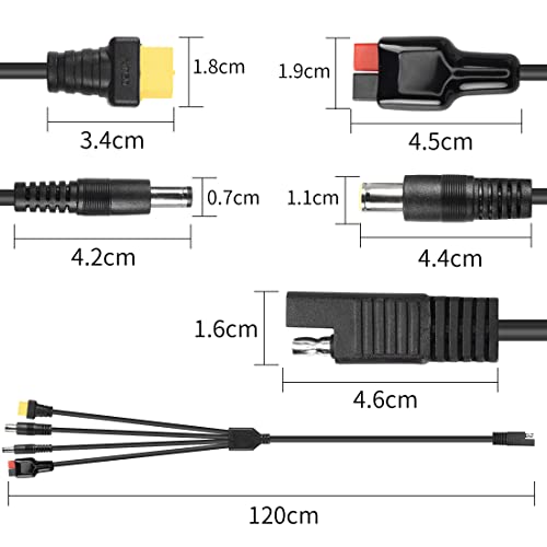 YACSEJAO Solar Connector to SAE Extension Cable 1.2M 14AWG 4-in-1 SAE to XT60 Female/DC 5.5x2.1mm / DC8mm /Solar Adapter Extension Cable for Automotive RV Solar Panel Car Truck