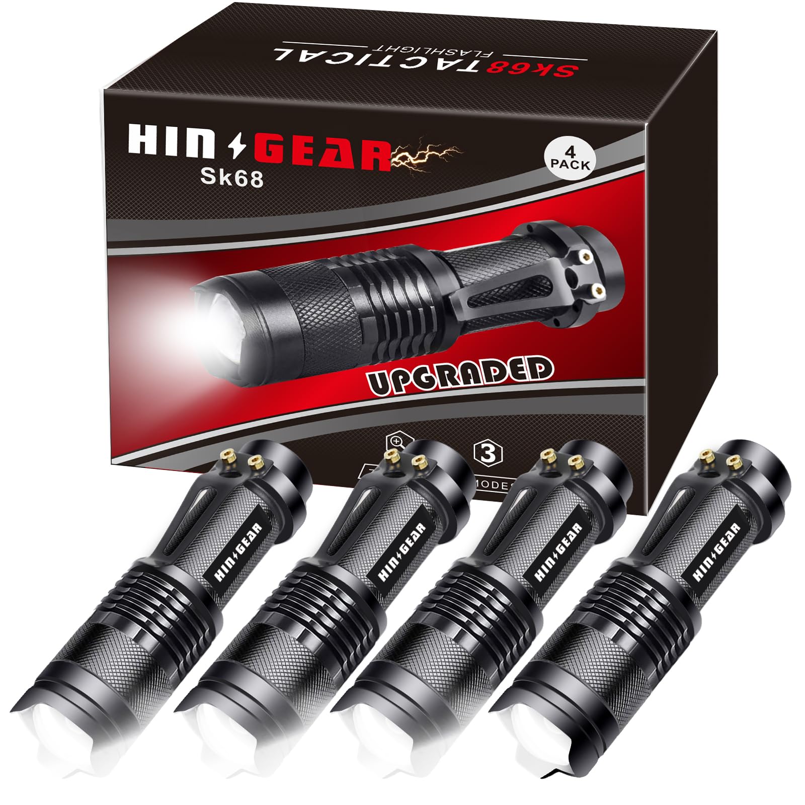 HinsGEAR Mini Flashlights 4 Pack, Super Bright LED Tactical Flashlight with Clip, Aluminum, 3 Modes, Zoomable, Waterproof - Best EDC Flash Light for Gift, Hiking, Camping, Emergency Use