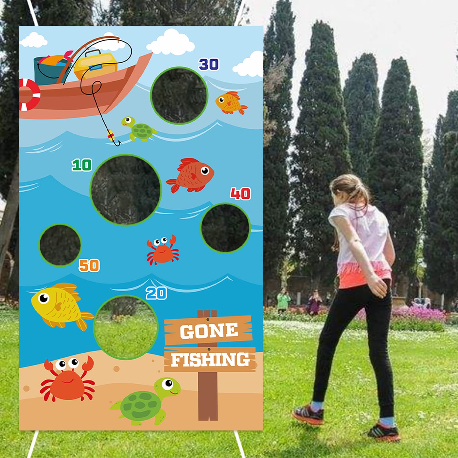 Gone Fishing Fisherman Toss Games Banner Backdrop Fisher Fish Theme Decor Decorations for Indoor Outdoor Boys Girls Birthday Party Baby Shower Fishing Events Fishing Party Fisherman’s Party Supplies