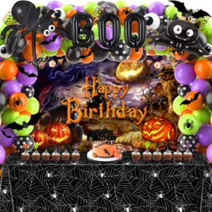 halloween birthday decorations party supplies halloween themed party favors 105 pcs for kids including spider web, backdrop, tablecloth, cake toppers, spider bat wall stickers, balloons arch and kit