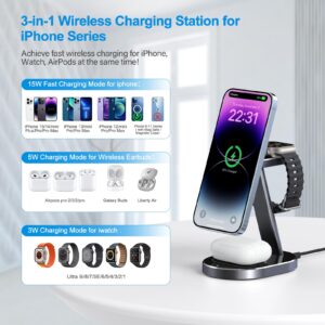 Aluminum Alloy 3 in 1 Magnetic Wireless Charging Station,Fast Wireless Charging Compatible with Magsafe Charger Stand for iPhone 15 14 13 12 Pro/Pro Max/Mini/Plus,Apple Watch 9 8 7 SE 6 5 4 3,Airpods