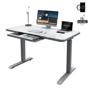 aimezo glass electric standing desk with drawers charging usb port 45 x 23 inch dual motor electric height adjustable desk sit stand desk with usb type-c/a port, white glass top