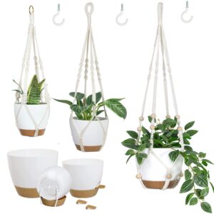 bouqlife hanging planters with macrame plant hangers for indoor outdoor plants 3 set self watering pots hanging baskets flower pot holders 3 different size