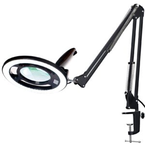 10x magnifying glass with light, kirkas 2,200 lumens led magnifying lamp with clamp, stepless dimmable real glass lens magnifier, adjustable arm workbench light for close work hobby repair - black
