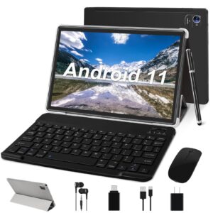oangcc 10.1" android 11 tablet, 2 in 1 tablet 4gb ram 64gb rom (up to 128g) dual camera computer tablet pc with bluetooth keyboard | wireless mouse | stylus | case | and more - black