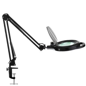 10x magnifying lamp with clamp, kirkas 2200 lm super bright and stepless dimming magnifying glass with light, real glass lens lighted magnifier light for close work, crafts, reading, repair - black