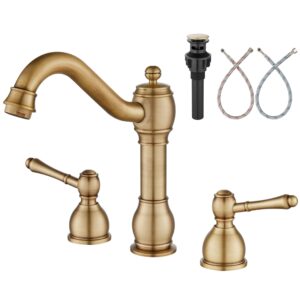 aolemi antique brass 8 inch widespread bathroom sink faucet double lever handle 3 hole deck mount vanity basin mixer tap with pop up drain assembly