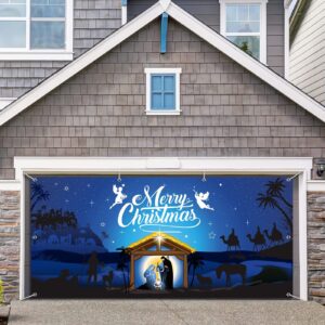christmas nativity garage door banner cover decorations 6x13ft, extra large fabric nativity scene christmas backdrop photo booth background yard sign for xmas holiday winter new year party supplies