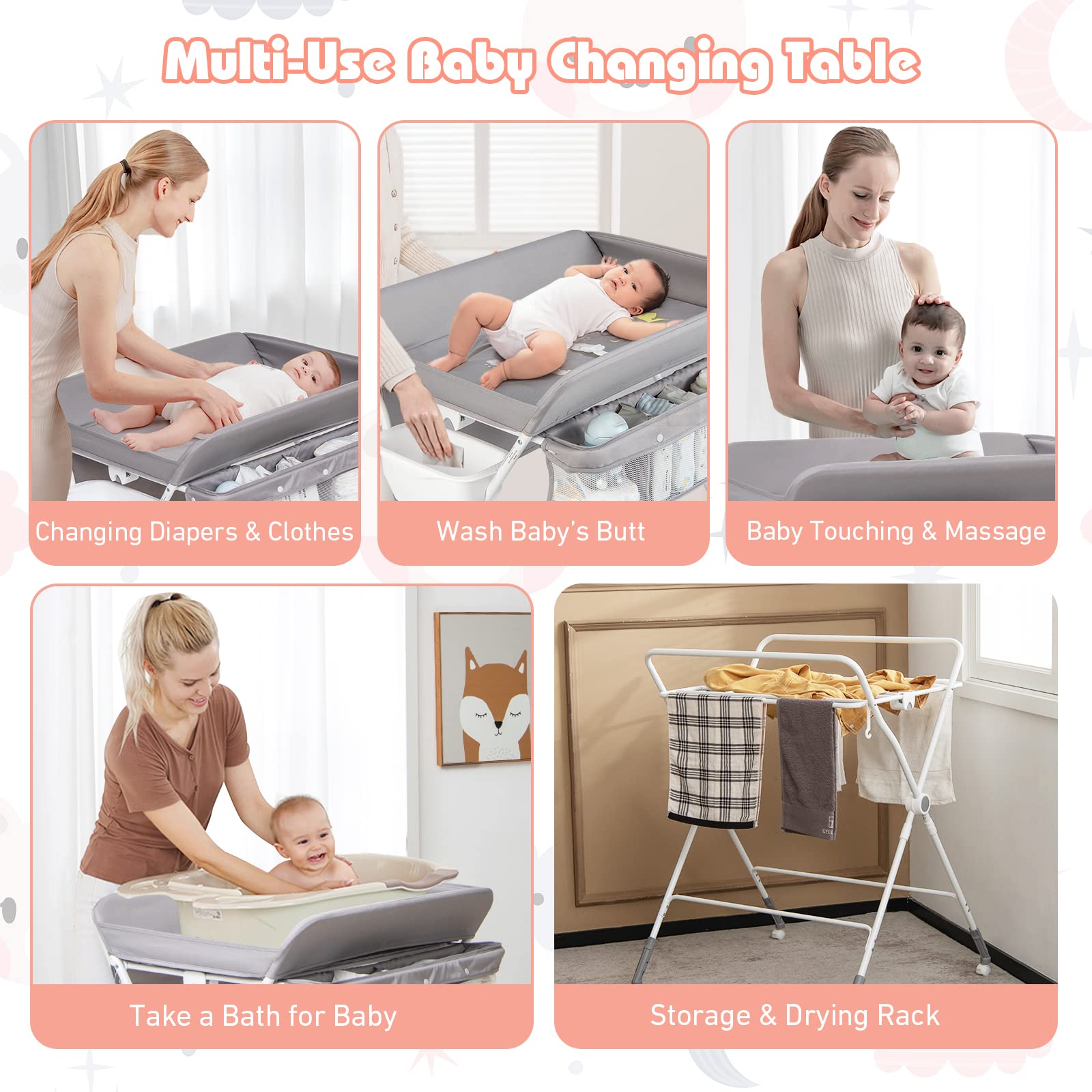 BABY JOY Portable Baby Changing Table, Foldable Diaper Changing Station w/Wheels, Adjustable Height, Large Storage Rack, Water Basin, Safety Belt, Mobile Nursery Organizer for Newborn Infant (Gray)