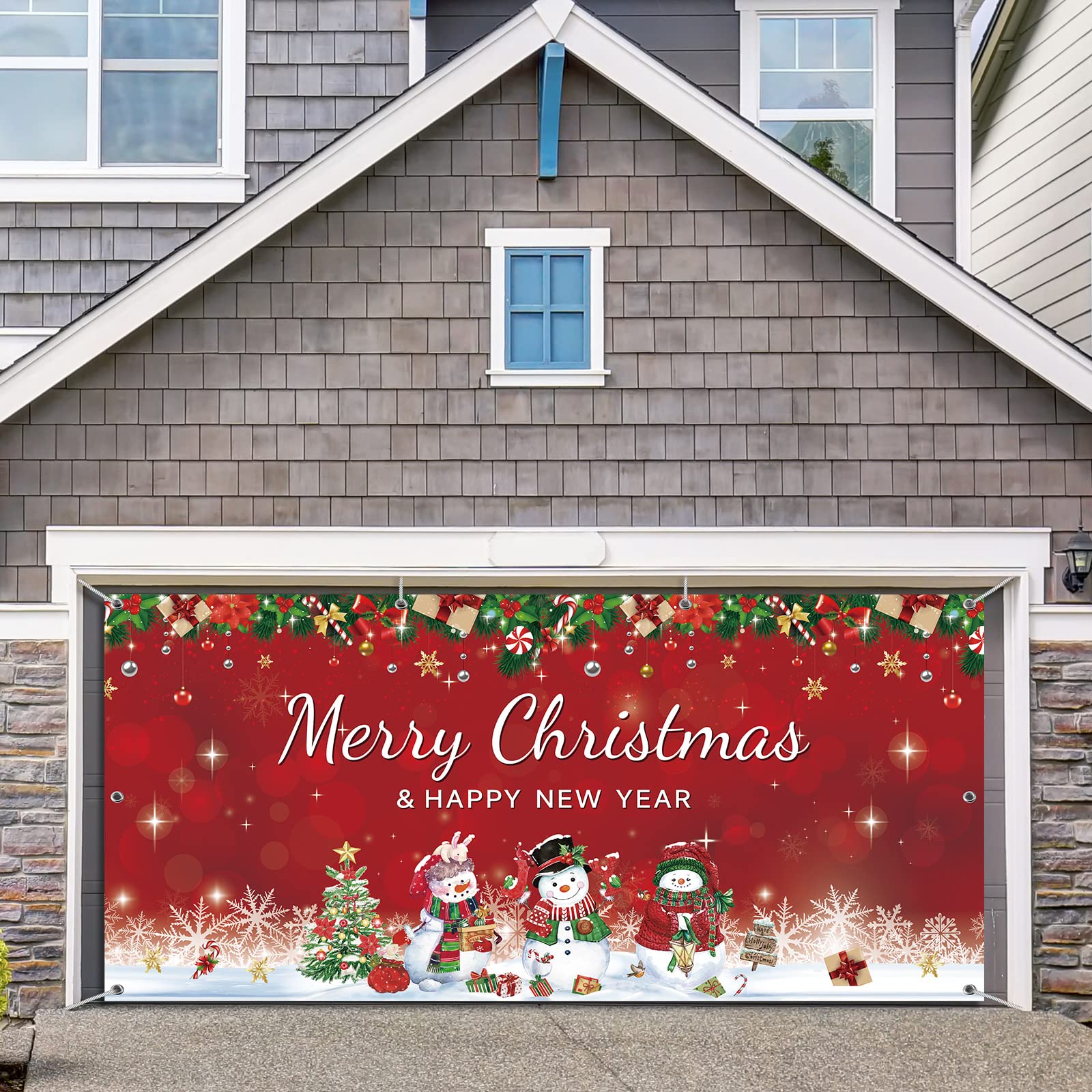 Christmas Snowman Garage Door Banner Cover 6 x 13 ft, Extra Large Fabric Winter Snowman Christmas Backdrop Photo Booth Background Yard Sign for Xmas Holiday Winter New Year Eve Party Supplies