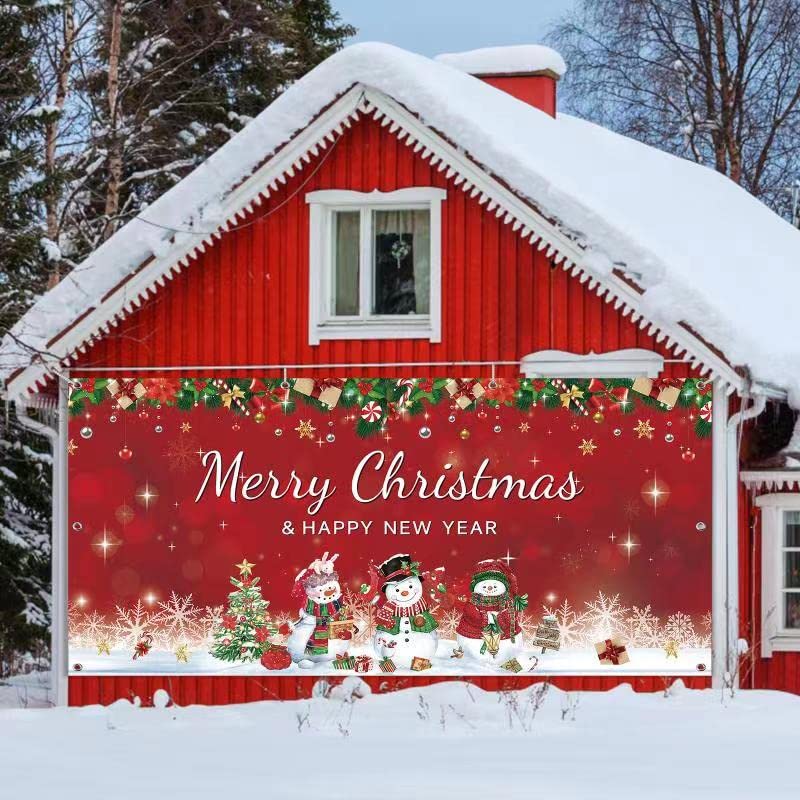 Christmas Snowman Garage Door Banner Cover 6 x 13 ft, Extra Large Fabric Winter Snowman Christmas Backdrop Photo Booth Background Yard Sign for Xmas Holiday Winter New Year Eve Party Supplies