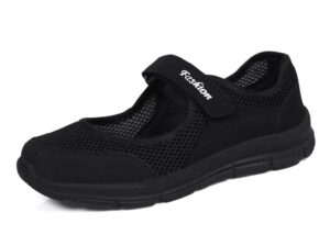 yesbor women's mary jane flat shoes ankle strap mesh nurse walking sneakers black 9