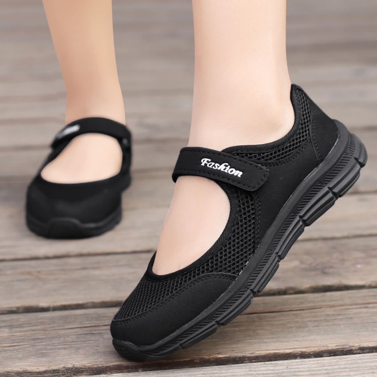 YESBOR Women's Mary Jane Flat Shoes Ankle Strap Mesh Nurse Walking Sneakers Black 9