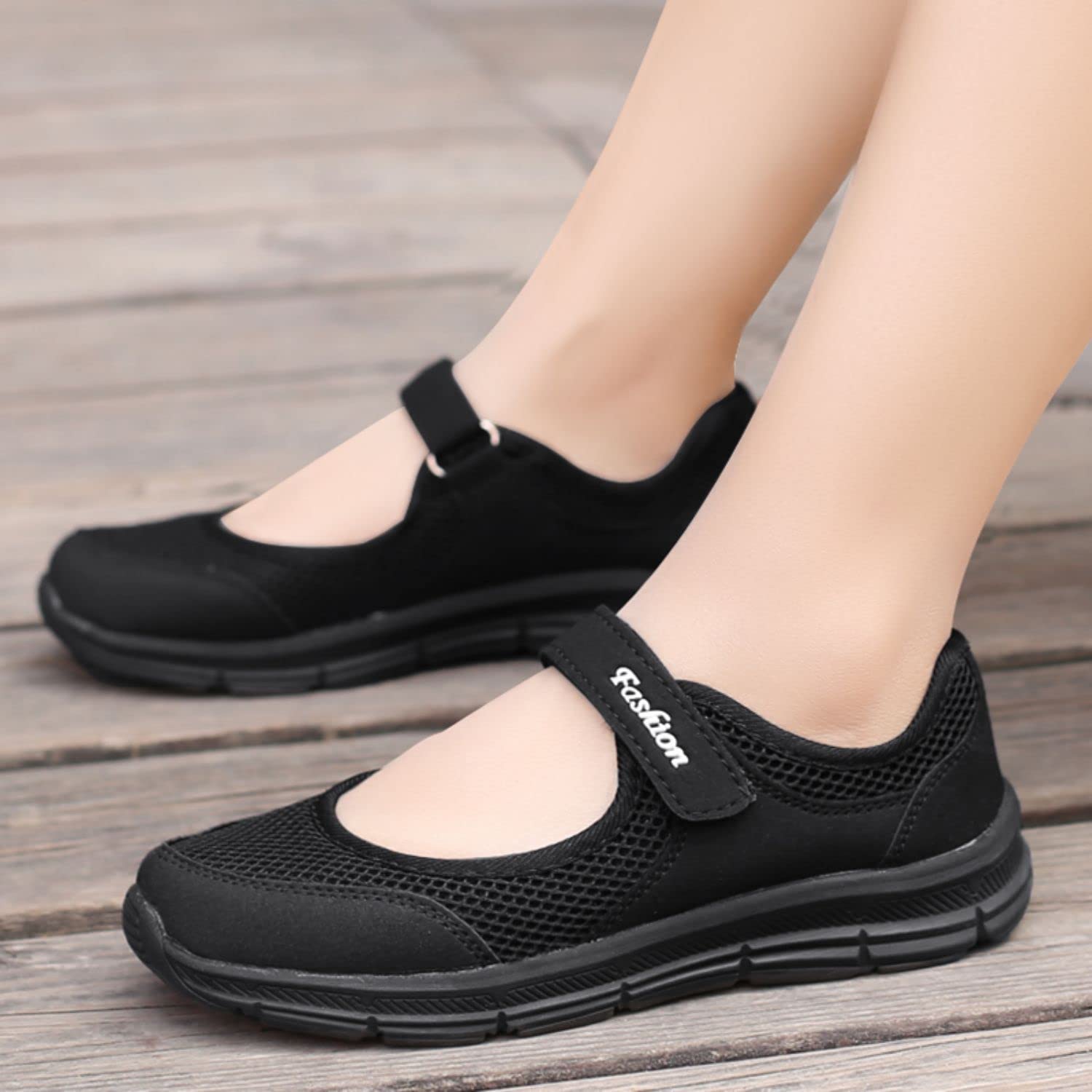 YESBOR Women's Mary Jane Flat Shoes Ankle Strap Mesh Nurse Walking Sneakers Black 9