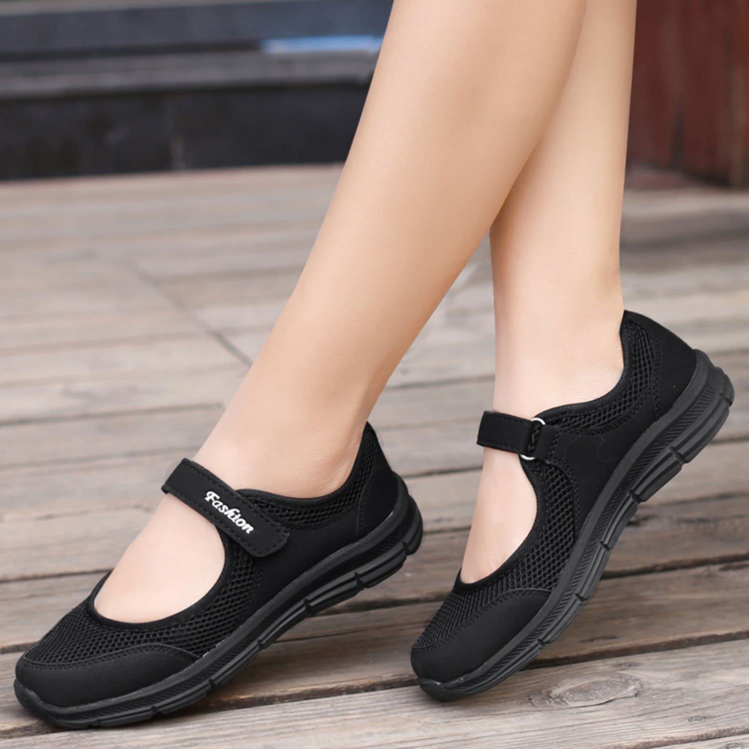 YESBOR Women's Mary Jane Flat Shoes Ankle Strap Mesh Nurse Walking Sneakers Black 9