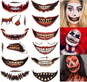 12pcs halloween face tattoos for adults, 2022 halloween prank makeup temporary tattoo, scary big mouth tattoo realistic halloween face tattoos for adult women and men