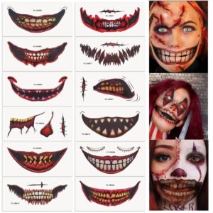 12 Sheets Halloween Prank Makeup Temporary Tattoo Clown Tattoo Stickers Halloween Joker Tattoos Clown Horror Big Mouth Tattoo Stickers for Kids Adult Halloween Cosplay Party Decorations