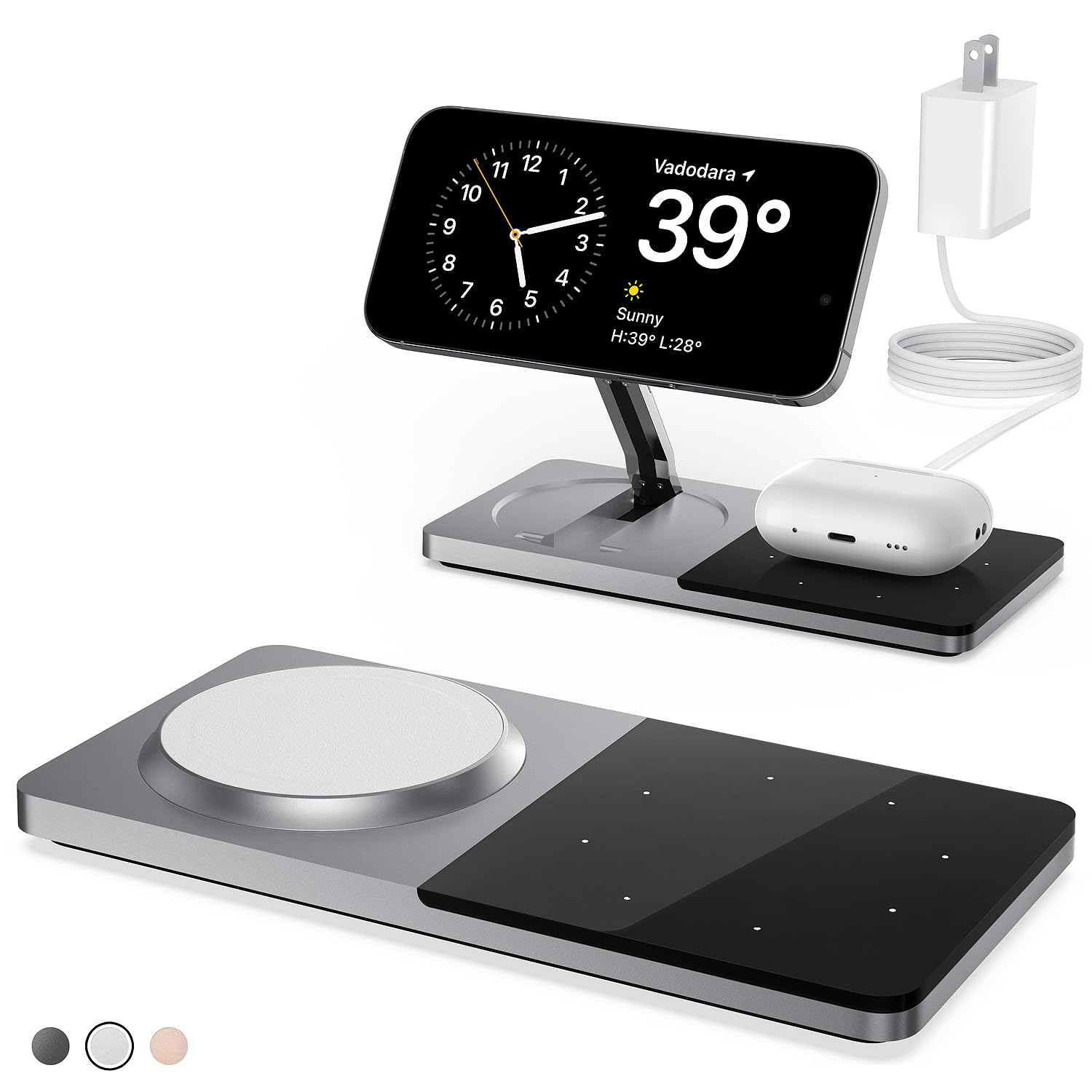 Mag-Safe Charger Stand for iPhone， Wireless Charger Stand for Apple Products, 2 in 1 Magnetic Charging Station for iPhone 15/14/13/12 Series, Airpods 3/2/Pro with Adapter (Sliver)