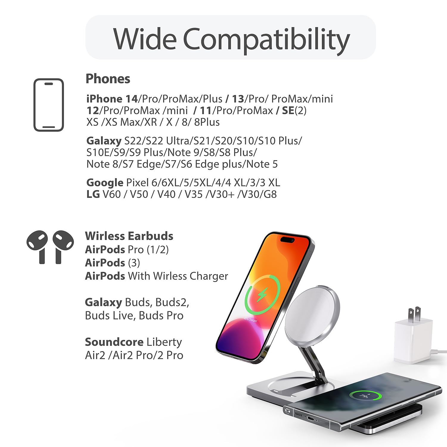 Mag-Safe Charger Stand for iPhone， Wireless Charger Stand for Apple Products, 2 in 1 Magnetic Charging Station for iPhone 15/14/13/12 Series, Airpods 3/2/Pro with Adapter (Sliver)