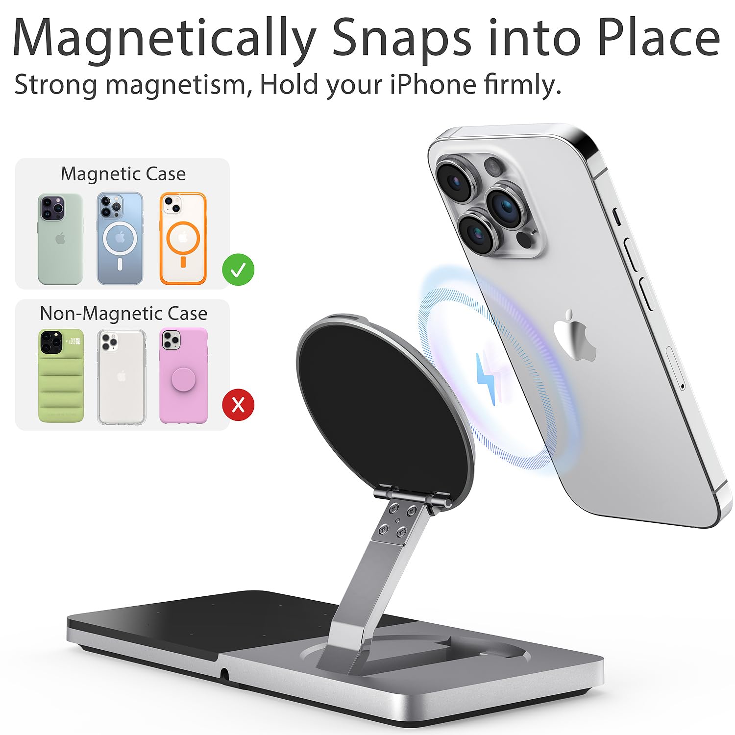 Mag-Safe Charger Stand for iPhone， Wireless Charger Stand for Apple Products, 2 in 1 Magnetic Charging Station for iPhone 15/14/13/12 Series, Airpods 3/2/Pro with Adapter (Sliver)