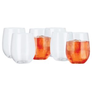 oggi unbreakable wine glasses, set 6 - elegant reusable plastic wine cups, stemless wine glass tumbler design, shatterproof plastic, ideal for indoor and outdoor use, recyclable - 12oz / 350ml