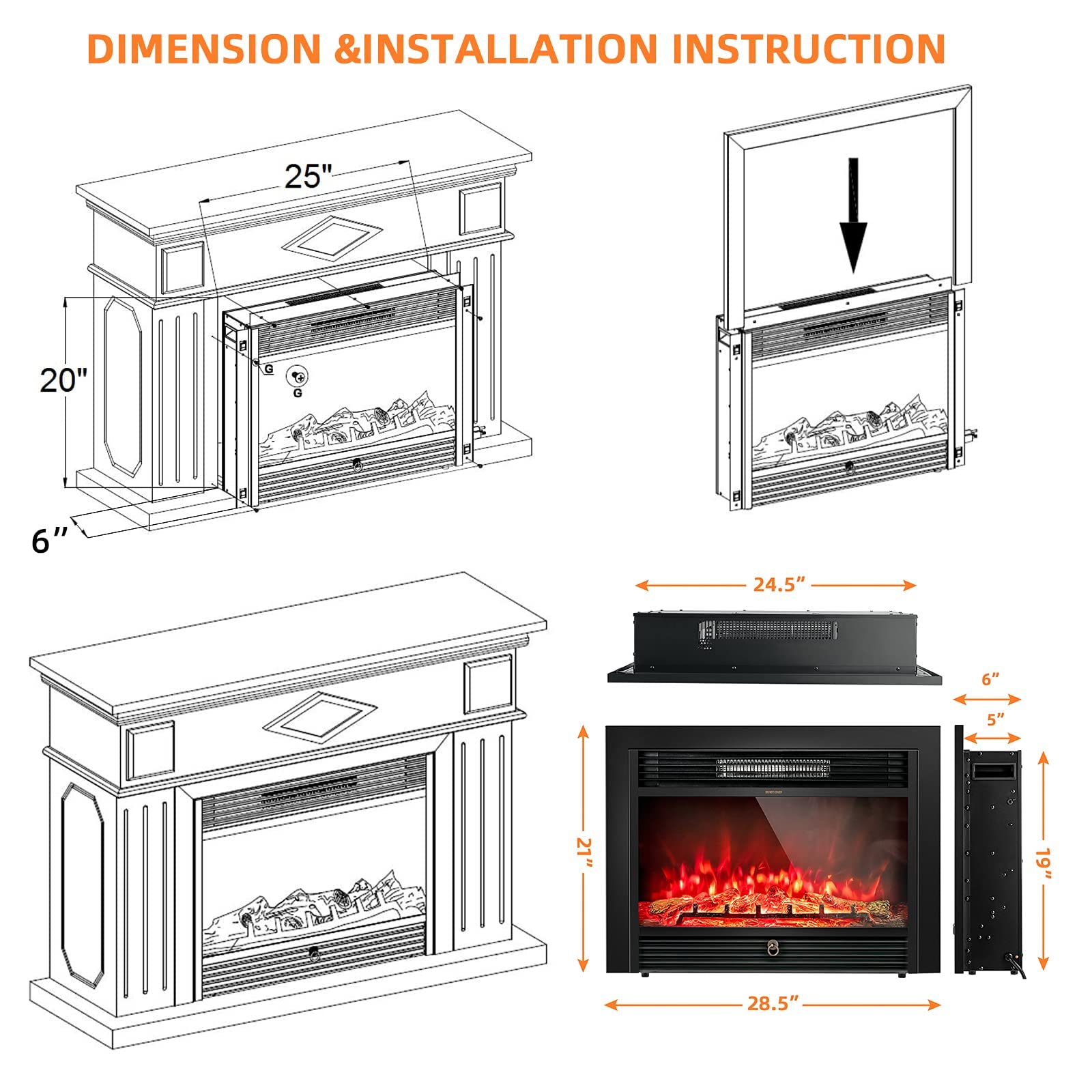 LDAILY 28" Electric Fireplace, 750W/1500W Electric Fireplace Heater with Remote, 3-Color Adjustable Flame, Recessed Wall Fireplace Electric w/ 8 H Timer, Electric Fireplace Inserts for RV Home Office