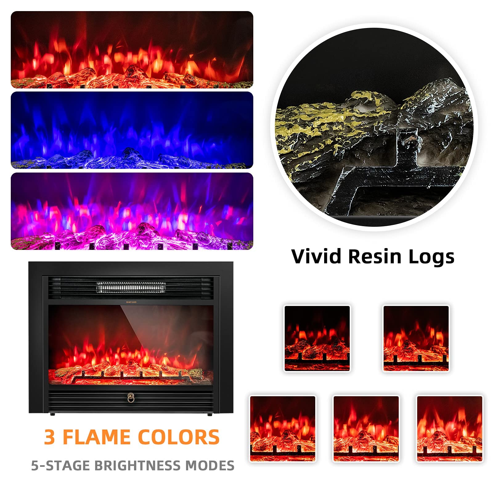 LDAILY 28" Electric Fireplace, 750W/1500W Electric Fireplace Heater with Remote, 3-Color Adjustable Flame, Recessed Wall Fireplace Electric w/ 8 H Timer, Electric Fireplace Inserts for RV Home Office