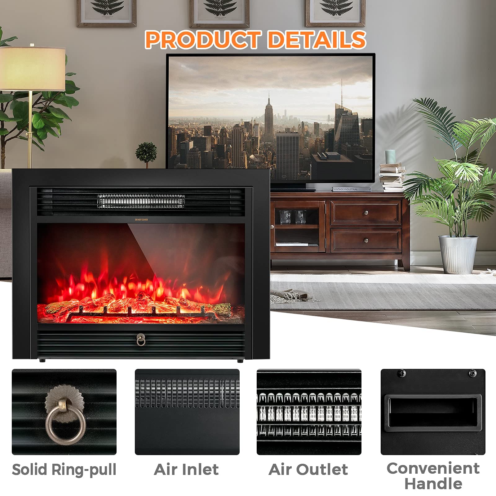 LDAILY 28" Electric Fireplace, 750W/1500W Electric Fireplace Heater with Remote, 3-Color Adjustable Flame, Recessed Wall Fireplace Electric w/ 8 H Timer, Electric Fireplace Inserts for RV Home Office
