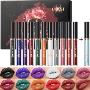 12 colors matte to glitter liquid lipstick set, diamond glitter sparkly lip gloss shimmer 24 hour long lasting waterproof halloween christmas makeup gift kit (a)