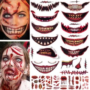 Aresvns 12PCS Halloween Clown Horror Mouth Temporary Tattoo Stickers Face Decals Prank Props for Halloween Cosplay Party Decorations