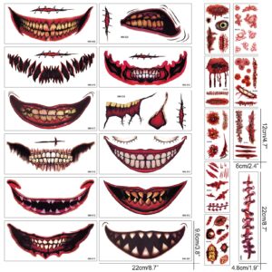 Aresvns 12PCS Halloween Clown Horror Mouth Temporary Tattoo Stickers Face Decals Prank Props for Halloween Cosplay Party Decorations