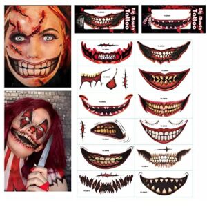 12pcs halloween face tattoos,halloween prank makeup temporary tattoo,adults kids clown horror mouth fake tattoo stickers,face decals prank props for halloween cosplay part