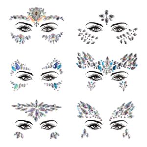 face gems, 6 sheets mermaid face jewels for makeup rave festival halloween stick on face body self adhesive rhinestone gemstones stickers