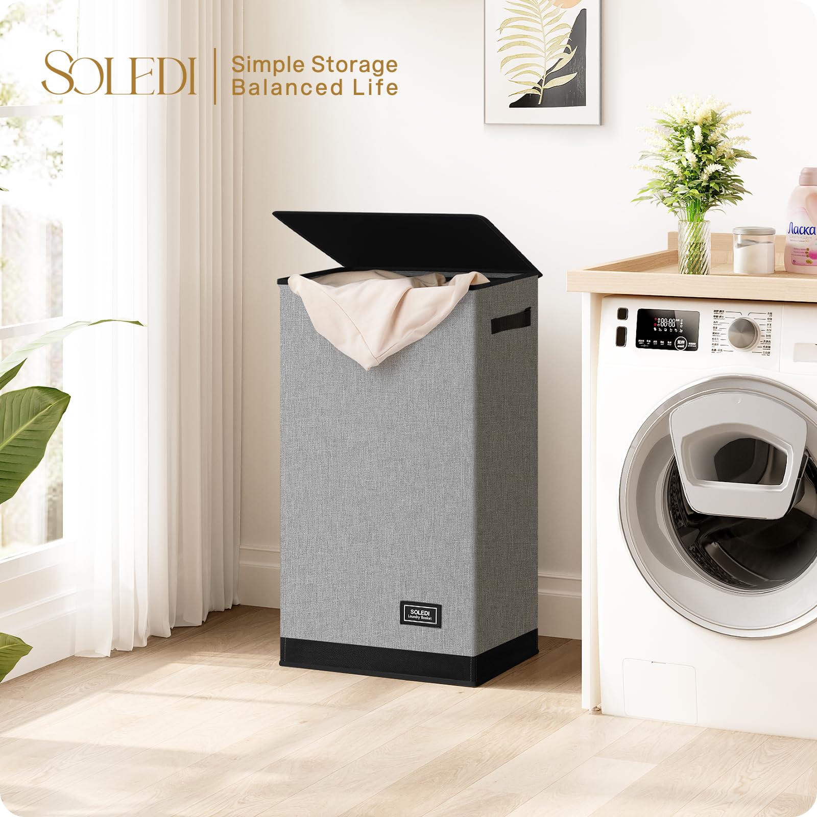 SOLEDI Laundry Hamper with Lid 100L Large & Tall Collapsible Laundry Basket, Clothes Hamper with Bag Removable Easy to Carry, Dirty Hampers for Bedroom, Bathroom, Dorm, College, Grey