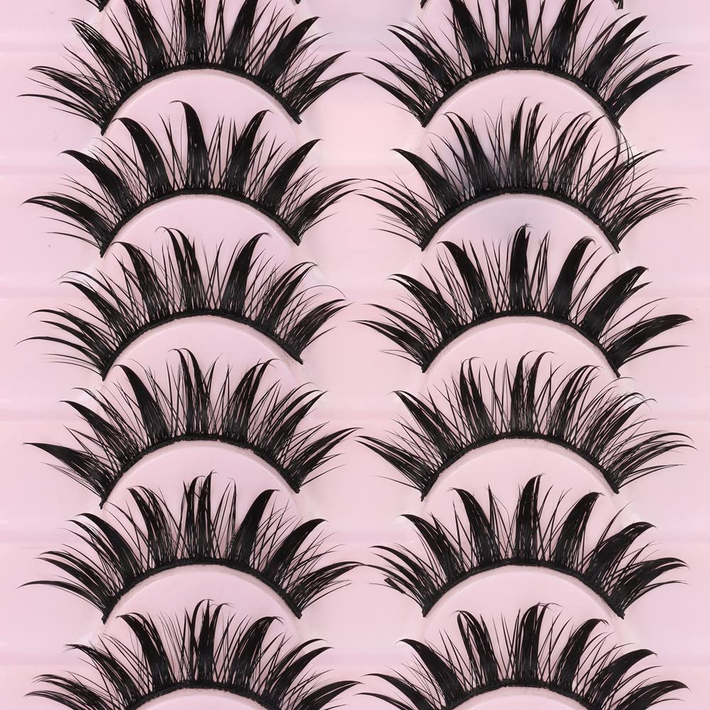 DSLONG 10 Pairs Manga Lashes Wet Look Lashes Effect Cat Eye Lashes Extension Fluffy Spiky Mink Lashes Japanese Cosplay Styles Anime Fake Eyelashes Reusable