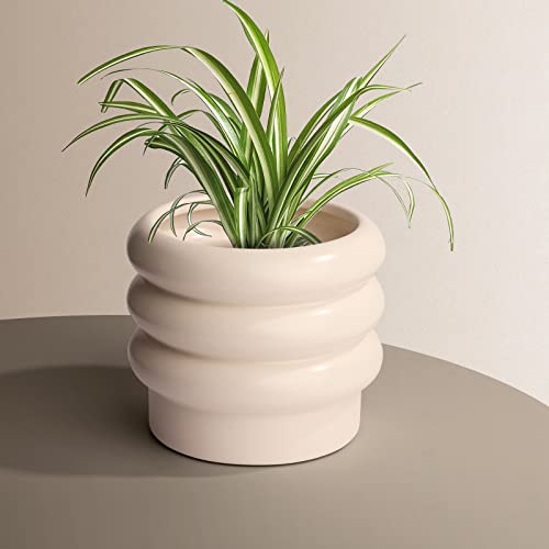 JOFAMY Tiered Bubble Ceramic Plant Pot, Creamy White 6 Inch Ceramic Planter with Drainage Holes, Ceramic Flower Pot with Mesh Pad, Rubber Plugs, Ceramic Pots for Indoor Plants Outdoor, Modern Décor