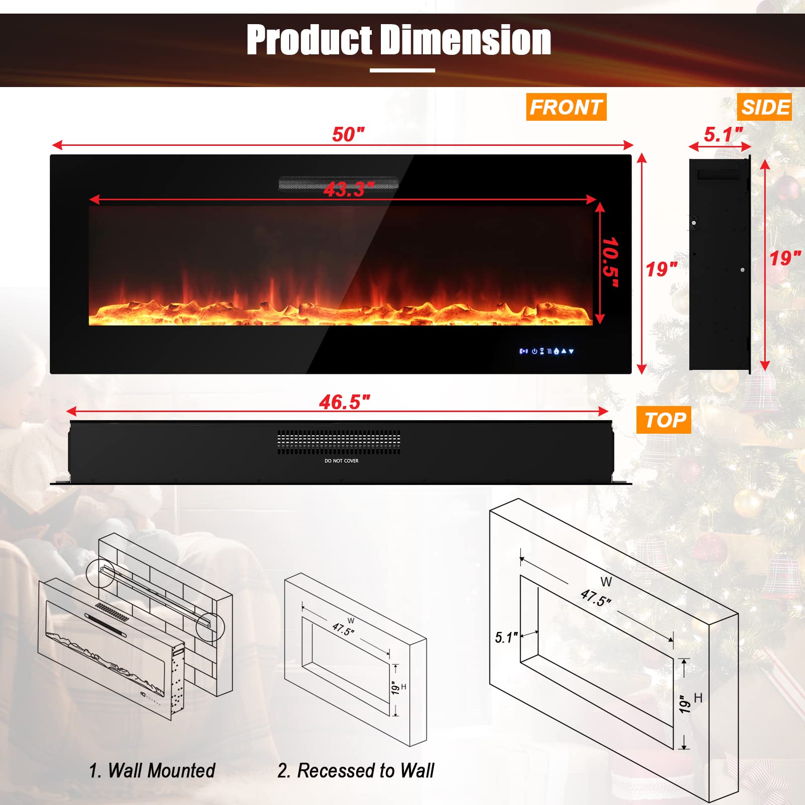Tangkula 50 Inches Electric Fireplace Insert, Reccessed and Wall Mounted 5,000 BTU Electric Fire Place,with 2 Heat Settings, 0.5-12H Timer, Dual Control, 9 Flame Colors & 5 Flame Brightness