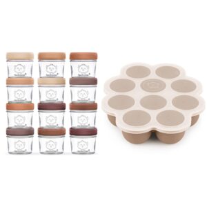 keababies 12-pack baby food containers and silicone baby food freezer tray with clip-on lid - 4 oz glass food jars - breast milk trays for freezer