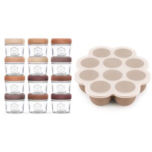 KeaBabies 12-Pack Baby Food Containers and Silicone Baby Food Freezer Tray with Clip-on Lid - 4 oz Glass Food Jars - Breast Milk Trays for Freezer