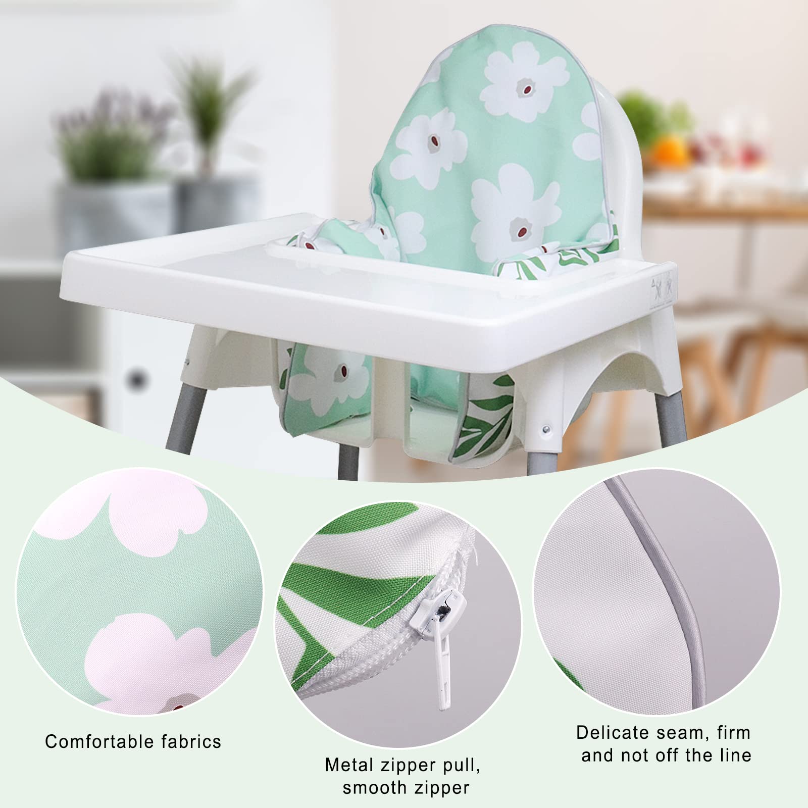 High Chair Cushion, Type High Chair Cover Pad, Highchair Cushion for IKEA Antilop Highchair, Exquisite Edge Banding, Built-in Inflatable Cushion,Baby Sitting More Comfortable (Green Leaves Pattern)