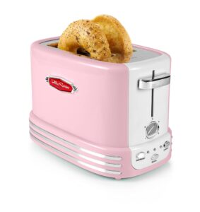 nostalgia retro toaster - wide 2-slice vintage design - compact size perfect for kitchen counter - toasts bread, bagels, and waffles - comes with 5 toasting levels, crumb tray, cord storage - pink