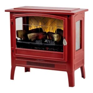 country living infrared freestanding electric fireplace stove heater in deep red | provides supplemental zone heat with remote, multiple flame colors, metal design with faux wooden logs