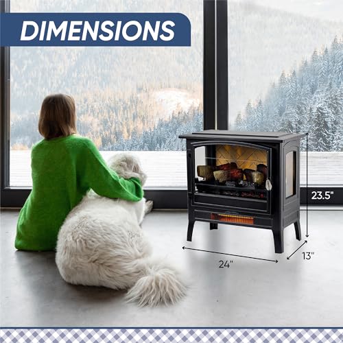 Country Living Infrared Freestanding Electric Fireplace Stove Heater in Deep Red | Provides Supplemental Zone Heat with Remote, Multiple Flame Colors, Metal Design with Faux Wooden Logs