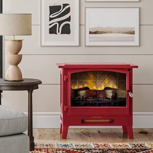 Country Living Infrared Freestanding Electric Fireplace Stove Heater in Deep Red | Provides Supplemental Zone Heat with Remote, Multiple Flame Colors, Metal Design with Faux Wooden Logs