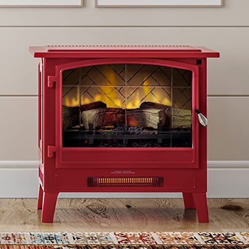 Country Living Infrared Freestanding Electric Fireplace Stove Heater in Deep Red | Provides Supplemental Zone Heat with Remote, Multiple Flame Colors, Metal Design with Faux Wooden Logs