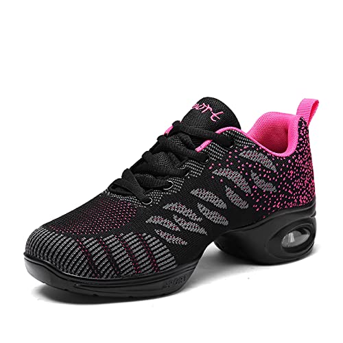 Women's Jazz Shoes Lace-up Sneakers - Breathable Air Cushion Lady Split Sole Athletic Walking Dance Shoes Platform (Adult) Grey Fuschia 37