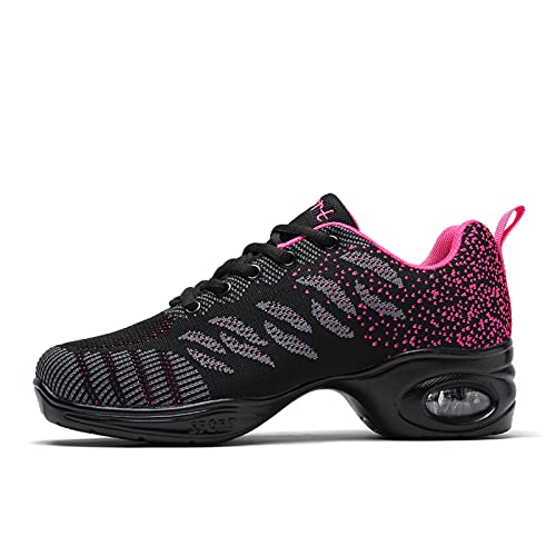 Women's Jazz Shoes Lace-up Sneakers - Breathable Air Cushion Lady Split Sole Athletic Walking Dance Shoes Platform (Adult) Grey Fuschia 37