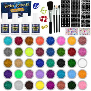temporary glitter tattoo kit for kids, 40 colors glitter, with 154 stencils, 4 glue, 4 brushes, body glitter make up kit, for cosplay, birthday party, festival christmas